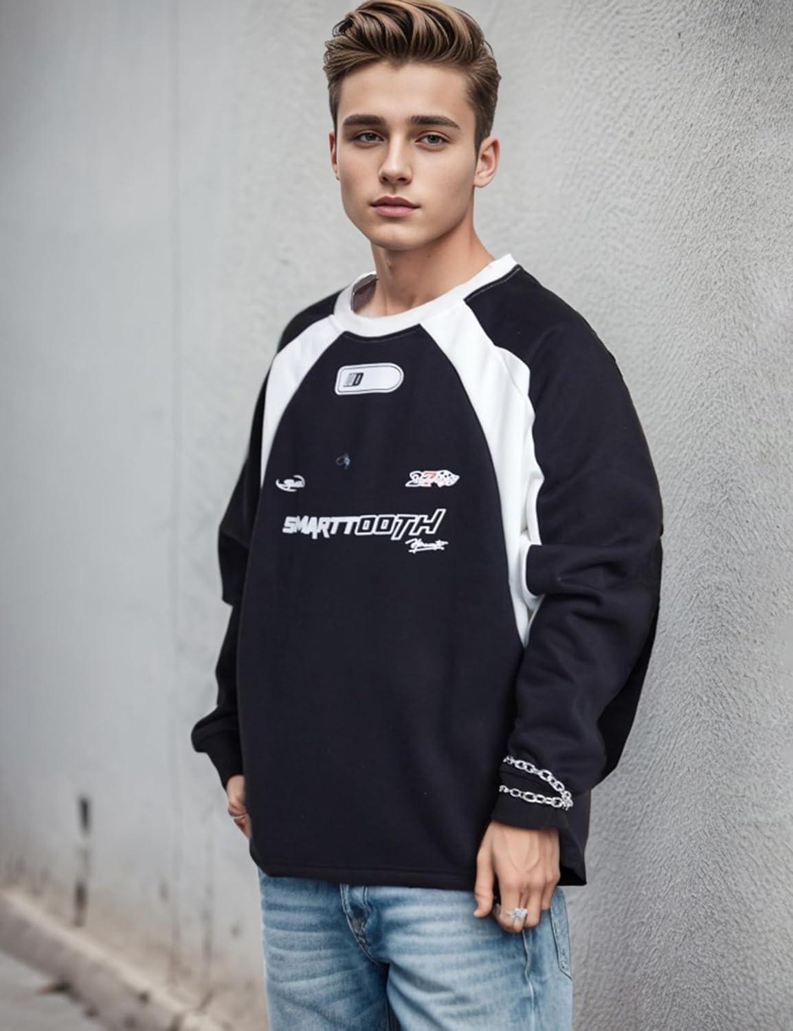 imageEMMIOL Oversized Crewneck Sweatshirts for Men Vintage Graphic Pullover Loose Fit Streetwear Long Sleeve TopBlacka