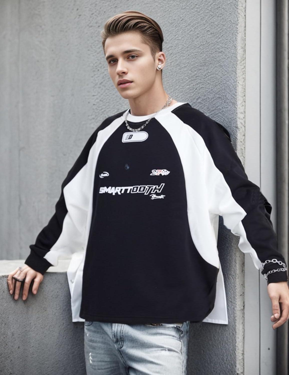 imageEMMIOL Oversized Crewneck Sweatshirts for Men Vintage Graphic Pullover Loose Fit Streetwear Long Sleeve TopBlacka