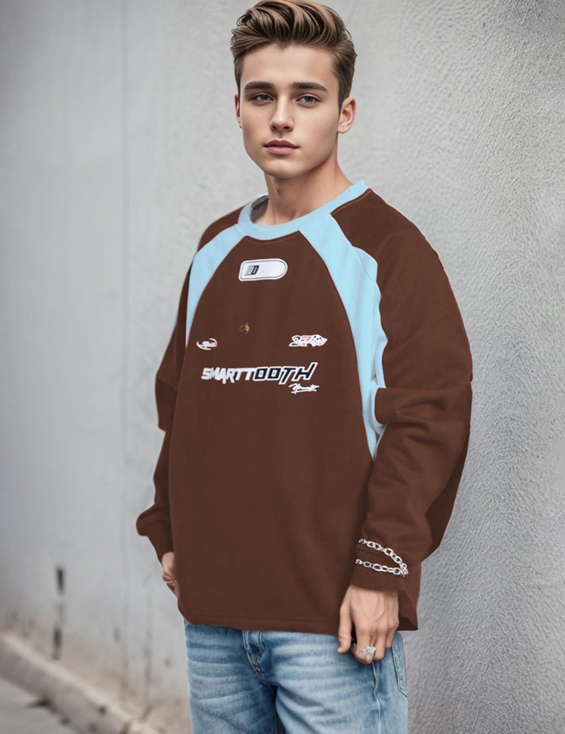 imageEMMIOL Oversized Crewneck Sweatshirts for Men Vintage Graphic Pullover Loose Fit Streetwear Long Sleeve TopBrown