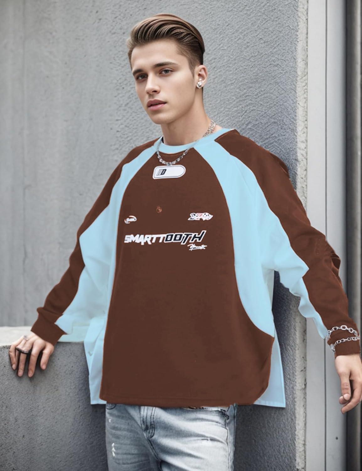 imageEMMIOL Oversized Crewneck Sweatshirts for Men Vintage Graphic Pullover Loose Fit Streetwear Long Sleeve TopBrown