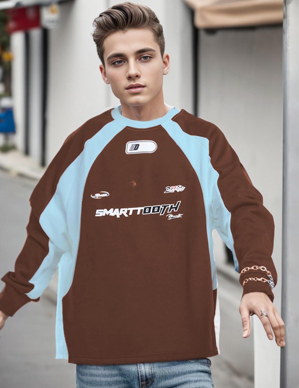 imageEMMIOL Oversized Crewneck Sweatshirts for Men Vintage Graphic Pullover Loose Fit Streetwear Long Sleeve TopBrown