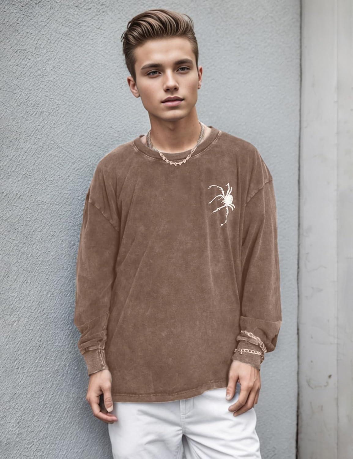 imageEMMIOL Oversized Crewneck Sweatshirts for Men Vintage Graphic Pullover Loose Fit Streetwear Long Sleeve TopBrownx