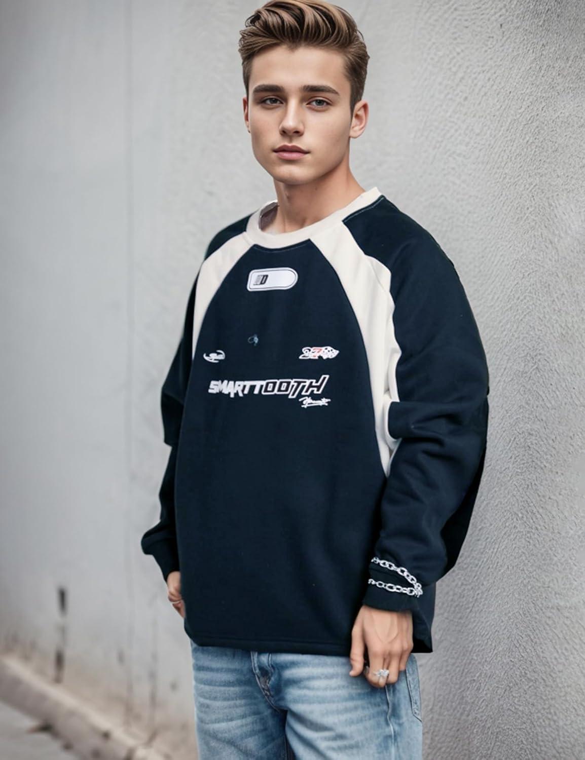 imageEMMIOL Oversized Crewneck Sweatshirts for Men Vintage Graphic Pullover Loose Fit Streetwear Long Sleeve TopNavy Blue
