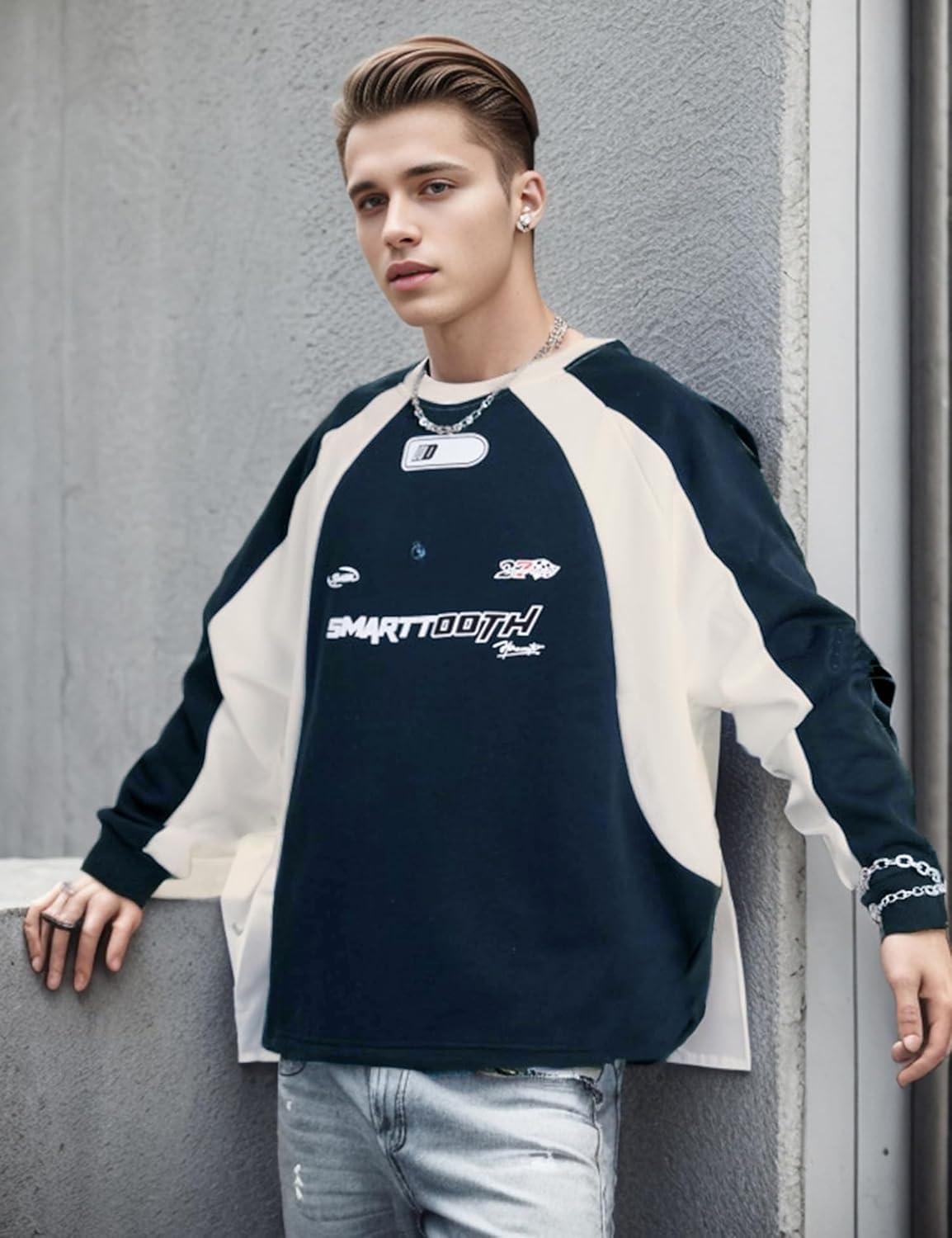imageEMMIOL Oversized Crewneck Sweatshirts for Men Vintage Graphic Pullover Loose Fit Streetwear Long Sleeve TopNavy Blue