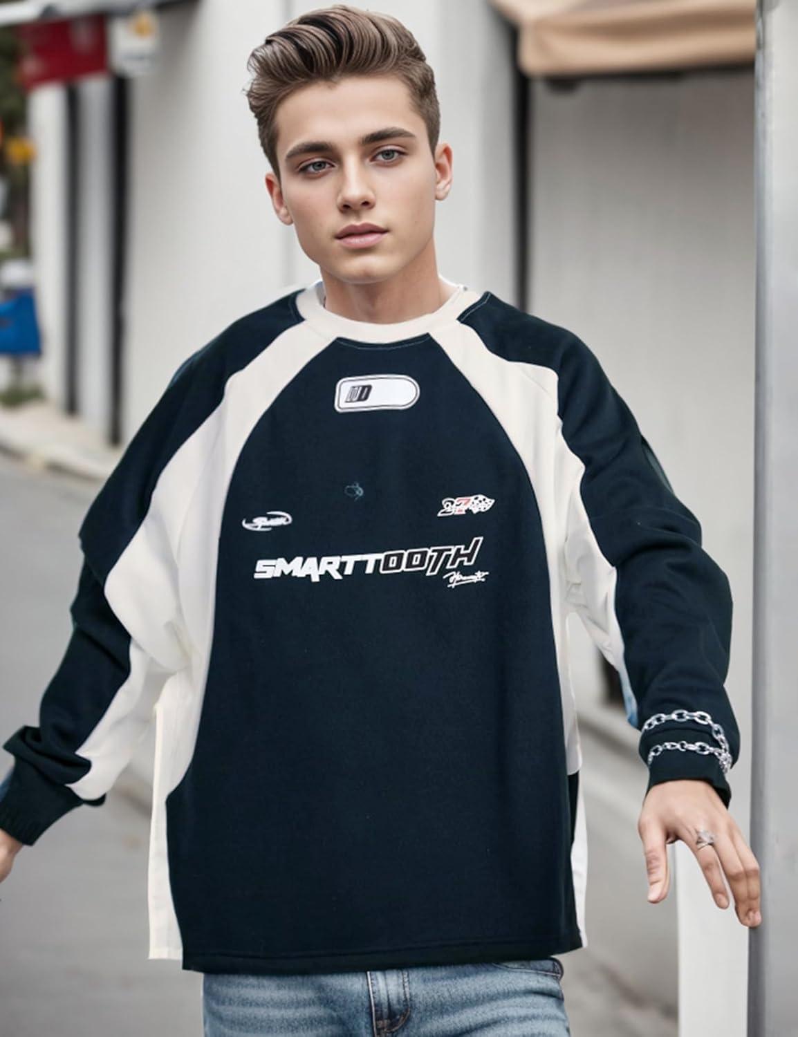 imageEMMIOL Oversized Crewneck Sweatshirts for Men Vintage Graphic Pullover Loose Fit Streetwear Long Sleeve TopNavy Blue