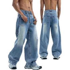 EMMIOL Mens Baggy Jeans Wide Leg Y2k Hip Hop Skater Straight Denim Cargo Pants Casual Loose Fit,Vintage Relaxed Long Trousers(Blue)