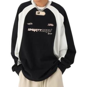 EMMIOL Oversized Crewneck Sweatshirts for Men Vintage Graphic Pullover Loose Fit Streetwear Long Sleeve Top(Black-a)