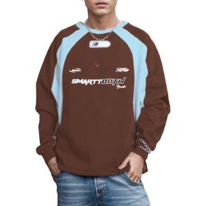 EMMIOL Oversized Crewneck Sweatshirts for Men Vintage Graphic Pullover Loose Fit Streetwear Long Sleeve Top(Brown)