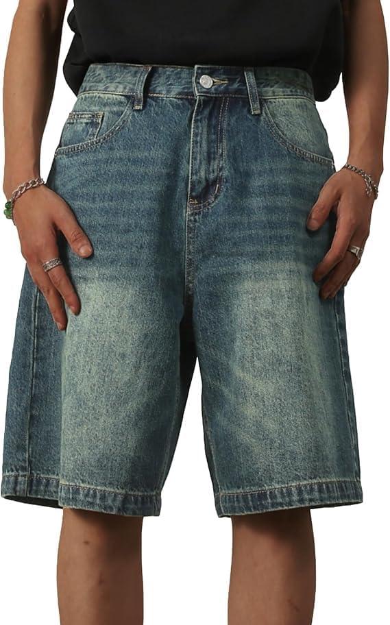 imageEMMIOL Baggy Jean Shorts Men y2k Jorts Hip Hop Comfortable Denim Tears Shorts High Waisted and Wide Leg Mens Jeans Loose fit Vintage Hip Hop Streetwear Skateboard Summer