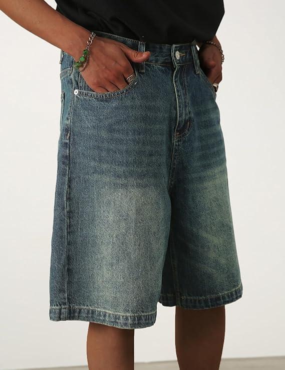 imageEMMIOL Baggy Jean Shorts Men y2k Jorts Hip Hop Comfortable Denim Tears Shorts High Waisted and Wide Leg Mens Jeans Loose fit Vintage Hip Hop Streetwear Skateboard Summer