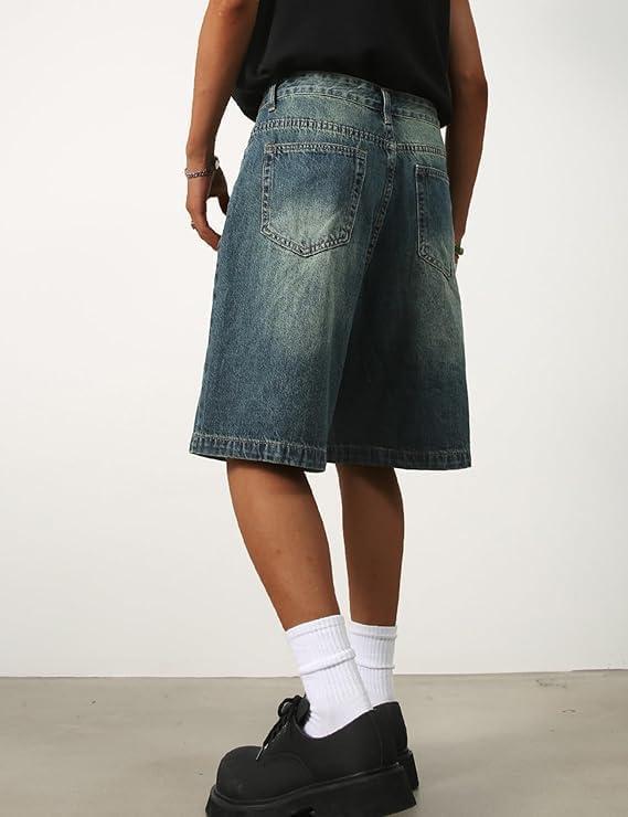 imageEMMIOL Baggy Jean Shorts Men y2k Jorts Hip Hop Comfortable Denim Tears Shorts High Waisted and Wide Leg Mens Jeans Loose fit Vintage Hip Hop Streetwear Skateboard Summer