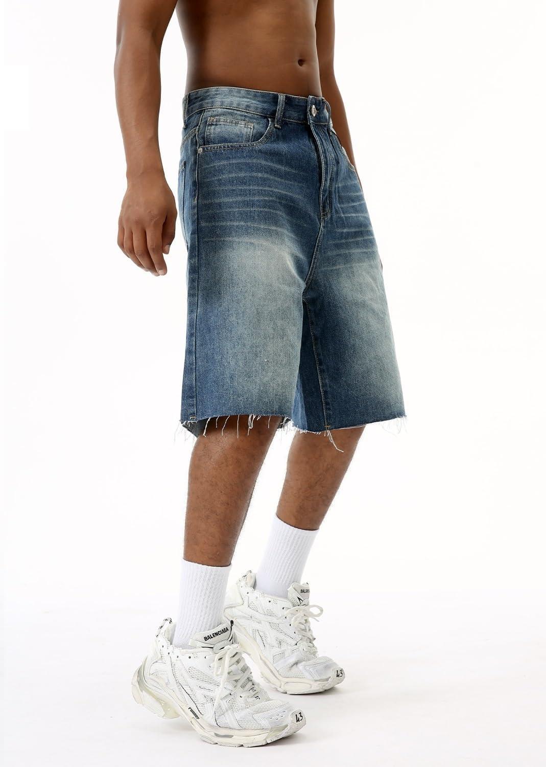 imageEMMIOL Baggy Jorts Men Jean Shorts Summer y2k Grunge Denim Shorts Vintage Distressed Loose Fit StreetwearBlue