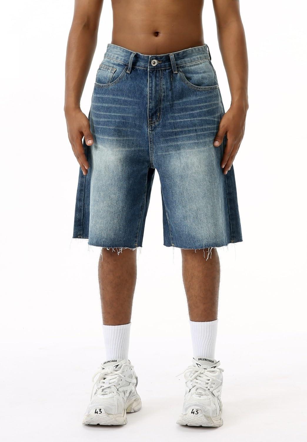 imageEMMIOL Baggy Jorts Men Jean Shorts Summer y2k Grunge Denim Shorts Vintage Distressed Loose Fit StreetwearBlue