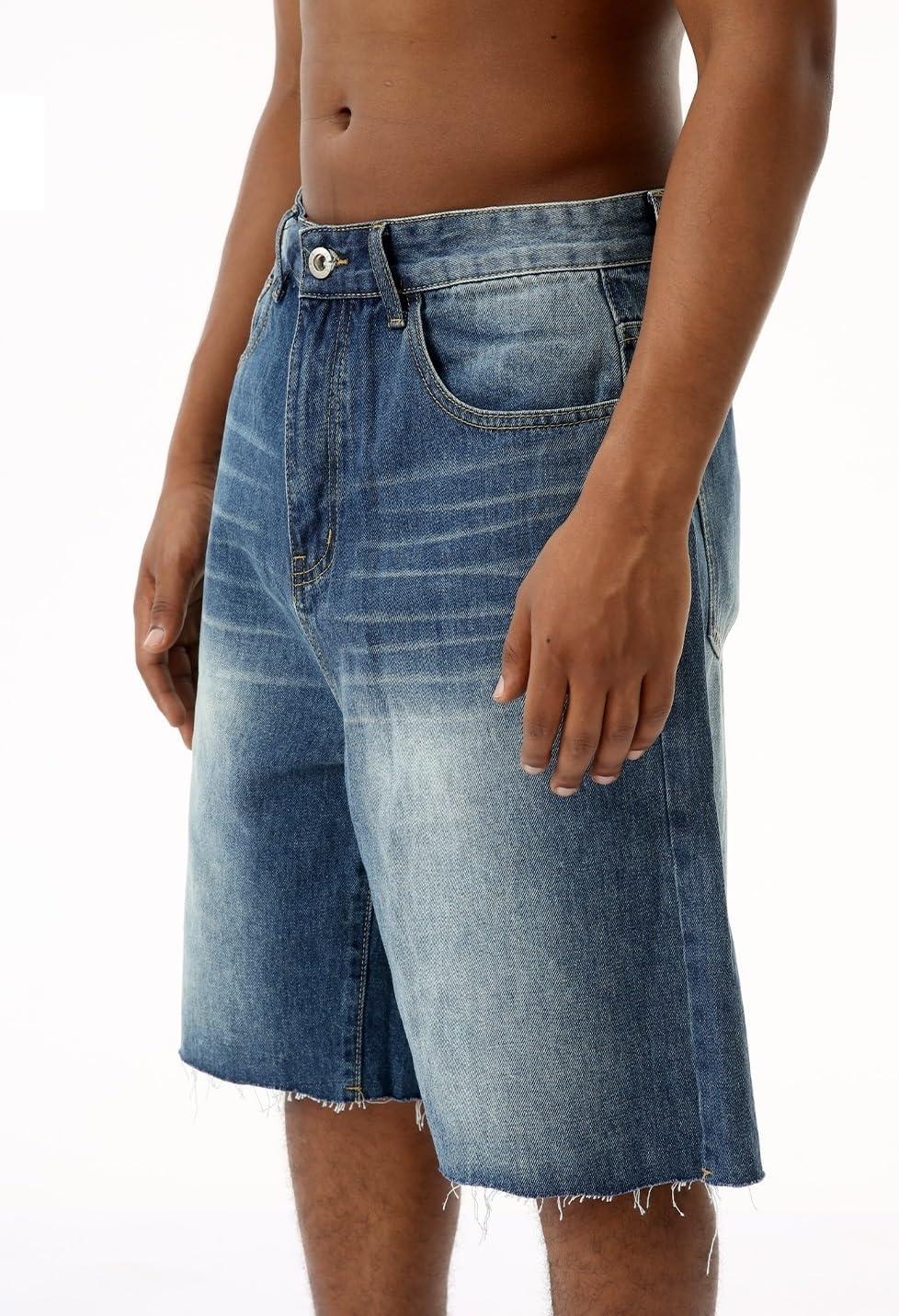 imageEMMIOL Baggy Jorts Men Jean Shorts Summer y2k Grunge Denim Shorts Vintage Distressed Loose Fit StreetwearBlue