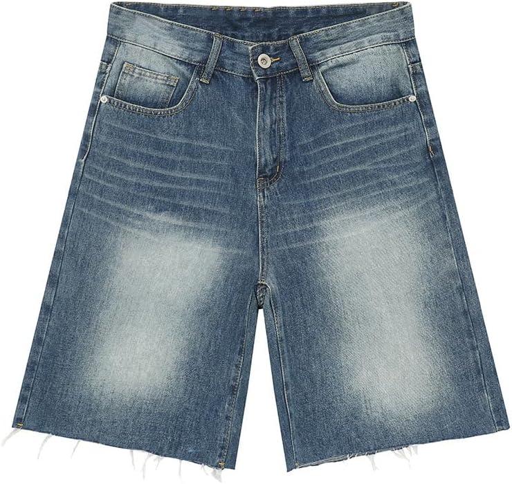imageEMMIOL Baggy Jorts Men Jean Shorts Summer y2k Grunge Denim Shorts Vintage Distressed Loose Fit StreetwearBlue