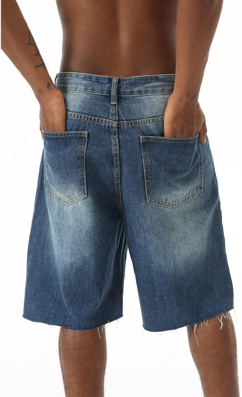 imageEMMIOL Baggy Jorts Men Jean Shorts Summer y2k Grunge Denim Shorts Vintage Distressed Loose Fit StreetwearBlue