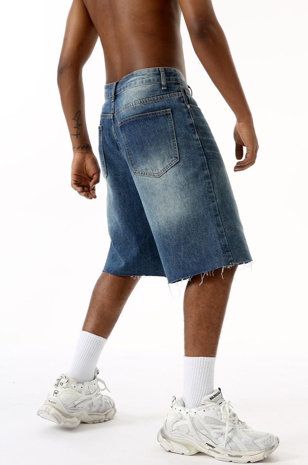 imageEMMIOL Baggy Jorts Men Jean Shorts Summer y2k Grunge Denim Shorts Vintage Distressed Loose Fit StreetwearBlue