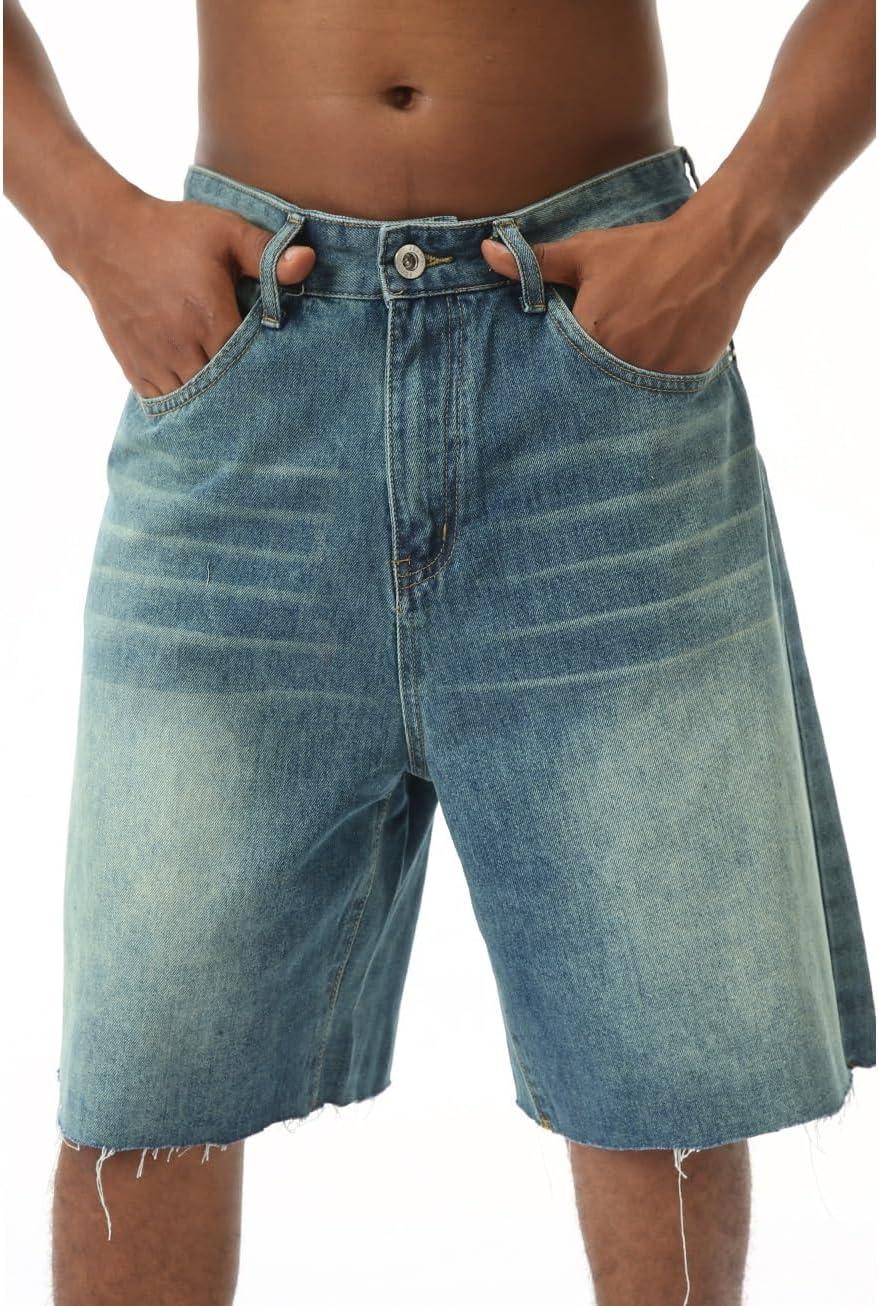 imageEMMIOL Baggy Jorts Men Jean Shorts Summer y2k Grunge Denim Shorts Vintage Distressed Loose Fit StreetwearVintage Blue