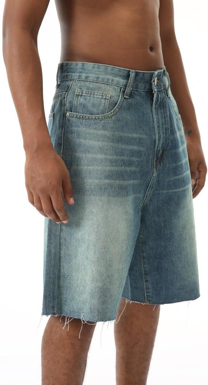 imageEMMIOL Baggy Jorts Men Jean Shorts Summer y2k Grunge Denim Shorts Vintage Distressed Loose Fit StreetwearVintage Blue