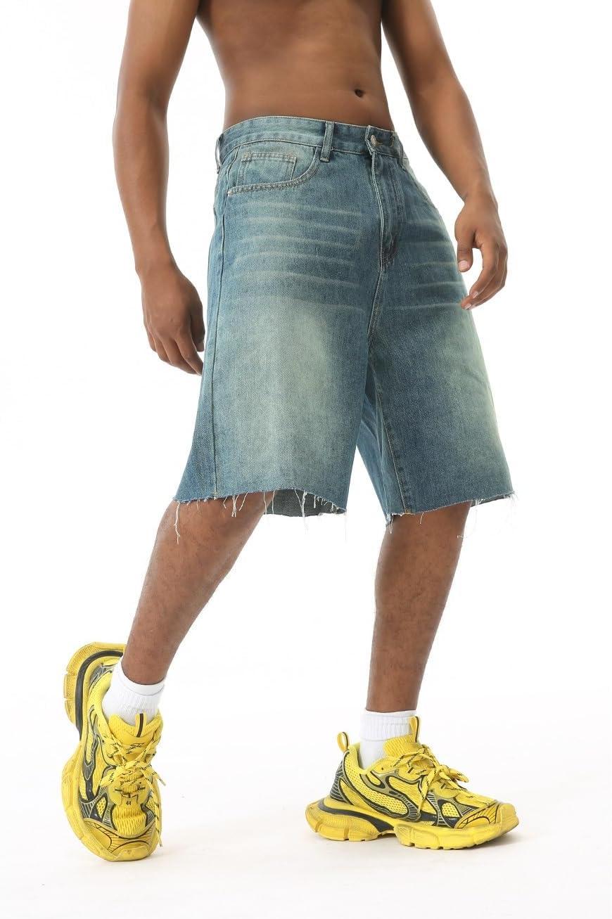 imageEMMIOL Baggy Jorts Men Jean Shorts Summer y2k Grunge Denim Shorts Vintage Distressed Loose Fit StreetwearVintage Blue