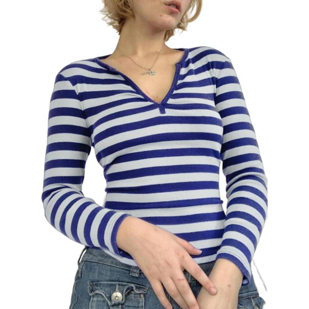 imageStriped Vintage Long Sleeve Crop Tops Coquette Aesthetic Clothes V Neck Y2K 2000S Shirts for WomenSky Blue