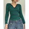 Striped Vintage Long Sleeve Crop Tops Coquette Aesthetic Clothes V Neck Y2K 2000S Shirts for Women(Green)