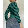 Striped Vintage Long Sleeve Crop Tops Coquette Aesthetic Clothes V Neck Y2K 2000S Shirts for Women(Green)