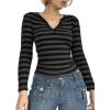 Striped Vintage Long Sleeve Crop Tops Coquette Aesthetic Clothes V Neck Y2K 2000S Shirts for Women(Grey)