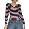 Striped Vintage Long Sleeve Crop Tops Coquette Aesthetic Clothes V Neck Y2K 2000S Shirts for Women(Pink)