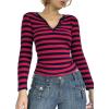 Striped Vintage Long Sleeve Crop Tops Coquette Aesthetic Clothes V Neck Y2K 2000S Shirts for Women(Red)