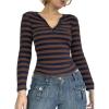 Striped Vintage Long Sleeve Crop Tops Coquette Aesthetic Clothes V Neck Y2K 2000S Shirts for Women(Brown)