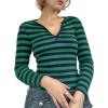 Striped Vintage Long Sleeve Crop Tops Coquette Aesthetic Clothes V Neck Y2K 2000S Shirts for Women(Green)