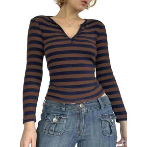 Striped Vintage Long Sleeve Crop Tops Coquette Aesthetic Clothes V Neck Y2K 2000S Shirts for Women(Brown)