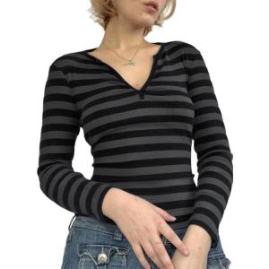 Striped Vintage Long Sleeve Crop Tops Coquette Aesthetic Clothes V Neck Y2K 2000S Shirts for Women(Grey)