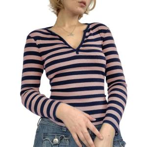 Striped Vintage Long Sleeve Crop Tops Coquette Aesthetic Clothes V Neck Y2K 2000S Shirts for Women(Pink)