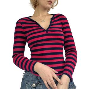 Striped Vintage Long Sleeve Crop Tops Coquette Aesthetic Clothes V Neck Y2K 2000S Shirts for Women(Red)