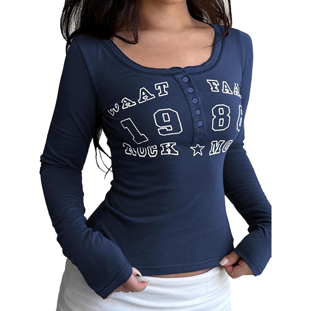 imageWomen Long Sleeve Shirts Henley TShirts Ribbed Graphic Crop Tops Cute Tee Going OutNavy Blue