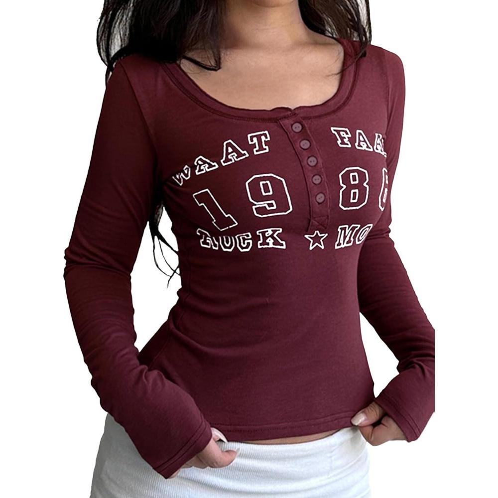 imageWomen Long Sleeve Shirts Henley TShirts Ribbed Graphic Crop Tops Cute Tee Going OutWine Red