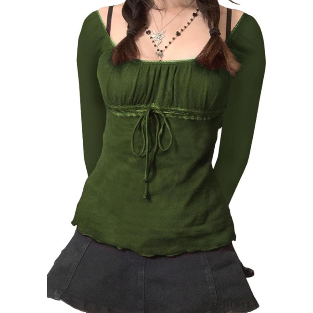 imageY2K Mesh Top Women Long Sleeve Shirts Scoop Neck Ruffle Hem Babydoll BlouseArmy Green