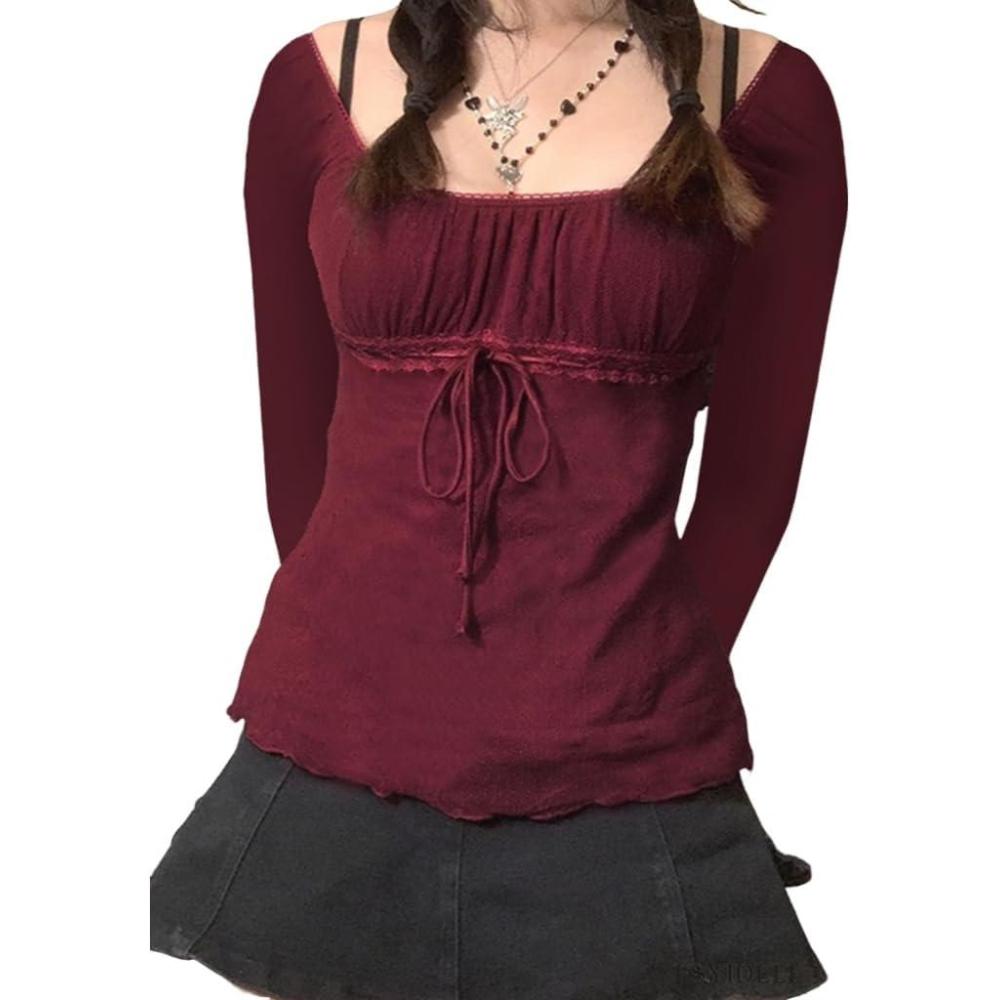 imageY2K Mesh Top Women Long Sleeve Shirts Scoop Neck Ruffle Hem Babydoll BlouseBurgundy