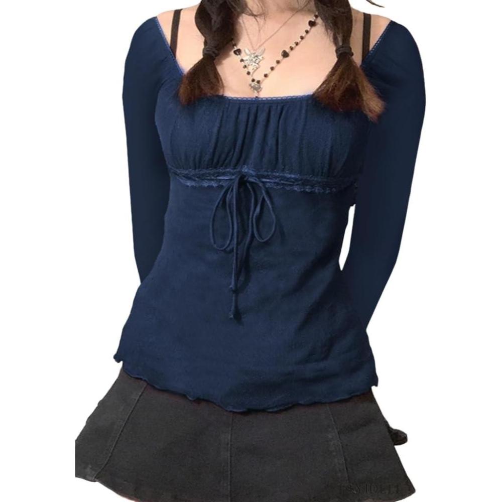imageY2K Mesh Top Women Long Sleeve Shirts Scoop Neck Ruffle Hem Babydoll BlouseNavy Blue