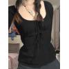 Y2K Mesh Top Women Long Sleeve Shirts Scoop Neck Ruffle Hem Babydoll Blouse(Black)