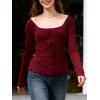 Y2K Mesh Top Women Long Sleeve Shirts Scoop Neck Ruffle Hem Babydoll Blouse(Burgundy)