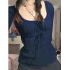 Y2K Mesh Top Women Long Sleeve Shirts Scoop Neck Ruffle Hem Babydoll Blouse(Navy Blue)