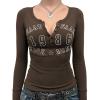 Women Long Sleeve Shirts Henley T-Shirts Ribbed Graphic Crop Tops Cute Tee Going Out(Brown)