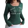 Women Long Sleeve Shirts Henley T-Shirts Ribbed Graphic Crop Tops Cute Tee Going Out(Green)