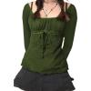 Y2K Mesh Top Women Long Sleeve Shirts Scoop Neck Ruffle Hem Babydoll Blouse(Army Green)