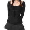 Y2K Mesh Top Women Long Sleeve Shirts Scoop Neck Ruffle Hem Babydoll Blouse(Black)