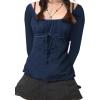 Y2K Mesh Top Women Long Sleeve Shirts Scoop Neck Ruffle Hem Babydoll Blouse(Navy Blue)
