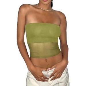 EMMIOL Tube Tops for Women Sexy See Through Y2K Tops Sheer Mesh Stretchy Bandeau Top Going Out Strapless Top(Green)